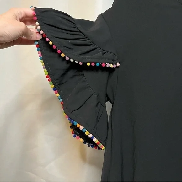 Very J Black Shift Dress with Rainbow Pom Pom Ruffle Sleeves Small - Picture 5 of 11